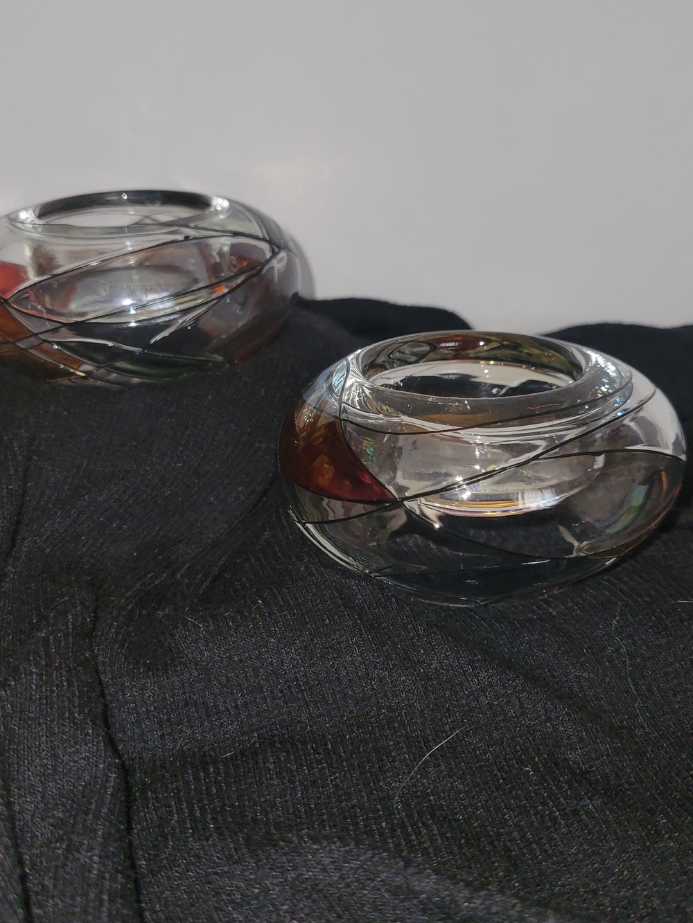 Euroglass Hand-Blown Glass Candle Holders in Clear with Amber Accents - Set of 2